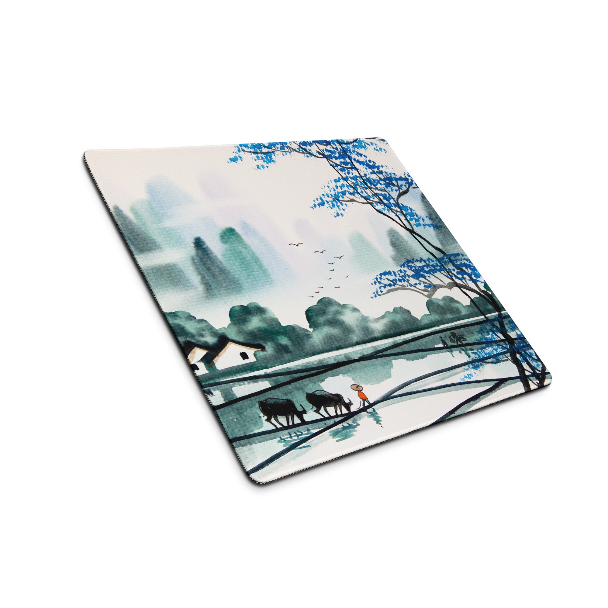 Watercolor Landscape Mouse Pad - Landscape Blue Teal Gaming Desk Oriental Calm Serene Mood Desk Mat Mouse Pad Watercolor
