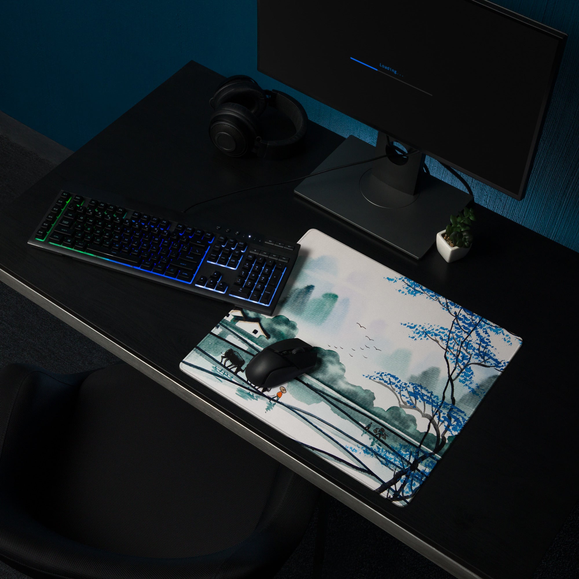 Watercolor Landscape Mouse Pad - Landscape Blue Teal Gaming Desk Oriental Calm Serene Mood Desk Mat Mouse Pad Watercolor