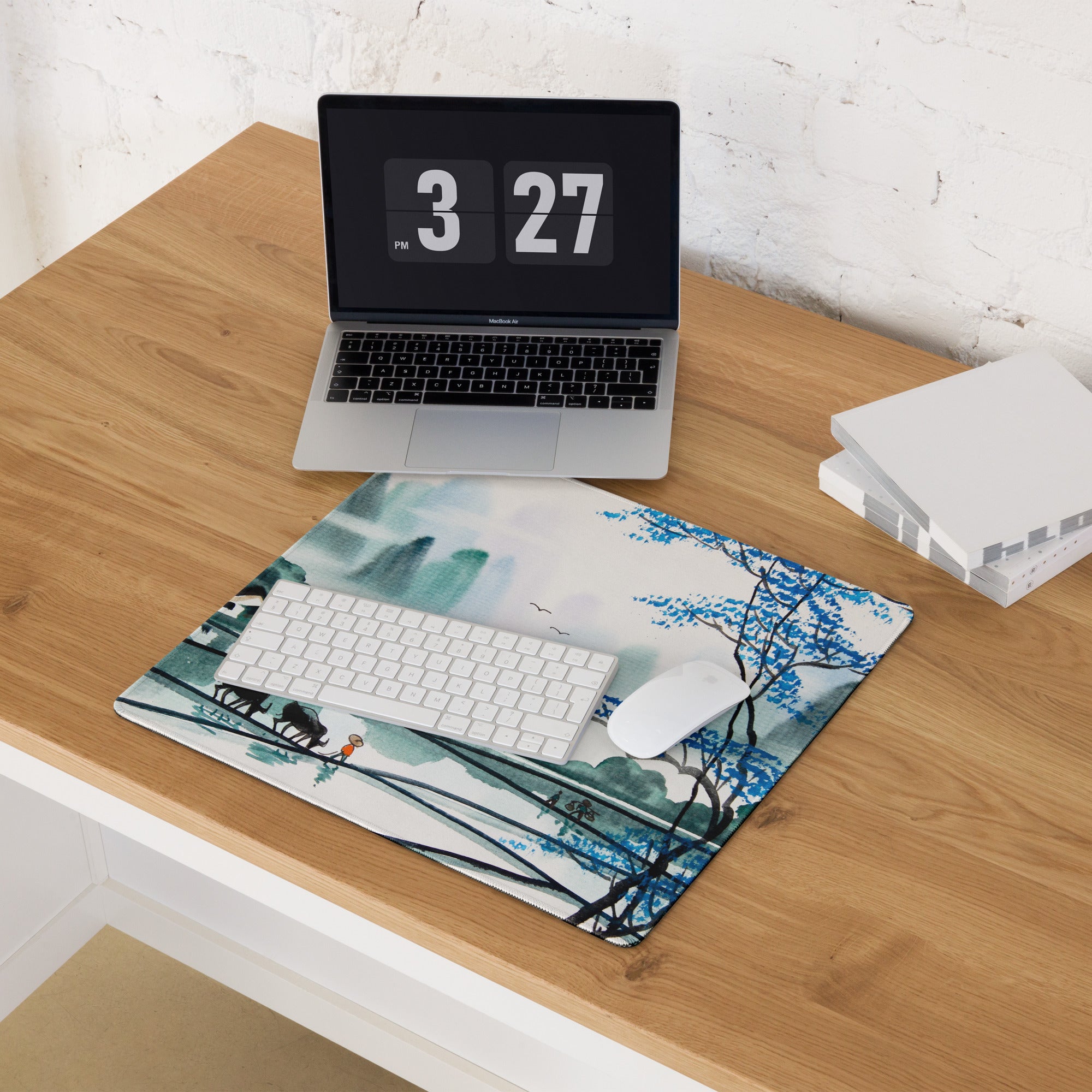 Watercolor Landscape Mouse Pad - Landscape Blue Teal Gaming Desk Oriental Calm Serene Mood Desk Mat Mouse Pad Watercolor