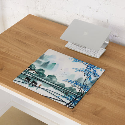 Watercolor Landscape Mouse Pad - Landscape Blue Teal Gaming Desk Oriental Calm Serene Mood Desk Mat Mouse Pad Watercolor