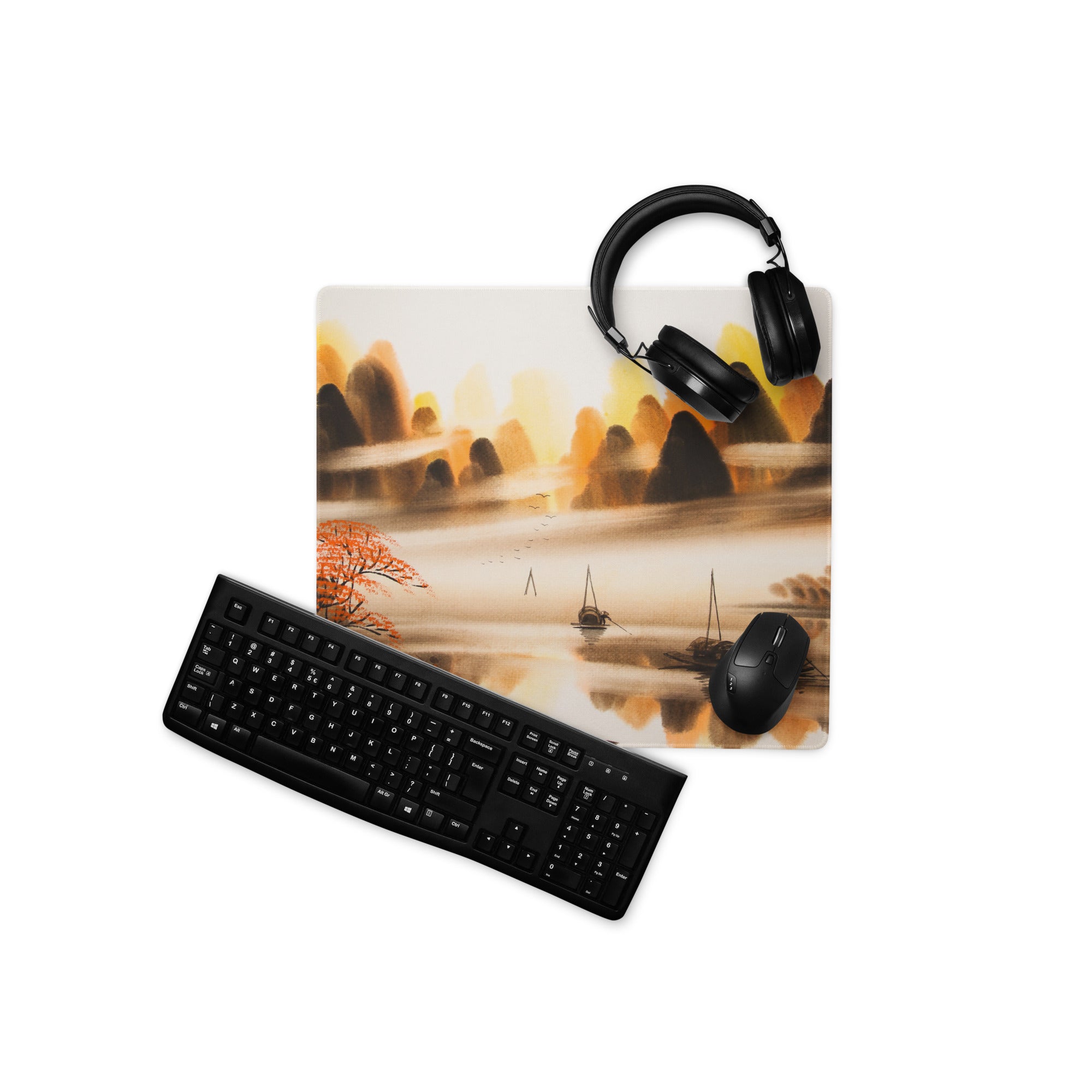 Autumn Harbor Scenic Mouse Pad - Harbor Landscape Orange Brown Desk Decor Watercolor Calm Mood Rustic Modern Desk Pad
