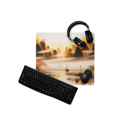 Autumn Harbor Scenic Mouse Pad - Harbor Landscape Orange Brown Desk Decor Watercolor Calm Mood Rustic Modern Desk Pad