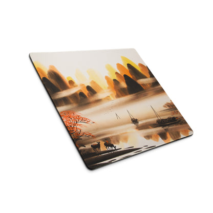 Autumn Harbor Scenic Mouse Pad - Harbor Landscape Orange Brown Desk Decor Watercolor Calm Mood Rustic Modern Desk Pad