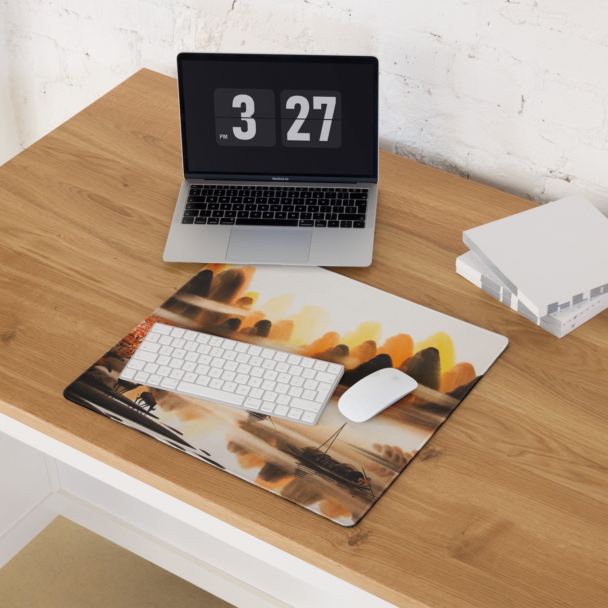 Autumn Harbor Scenic Mouse Pad - Harbor Landscape Orange Brown Desk Decor Watercolor Calm Mood Rustic Modern Desk Pad