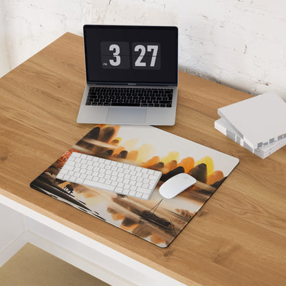Autumn Harbor Scenic Mouse Pad - Harbor Landscape Orange Brown Desk Decor Watercolor Calm Mood Rustic Modern Desk Pad
