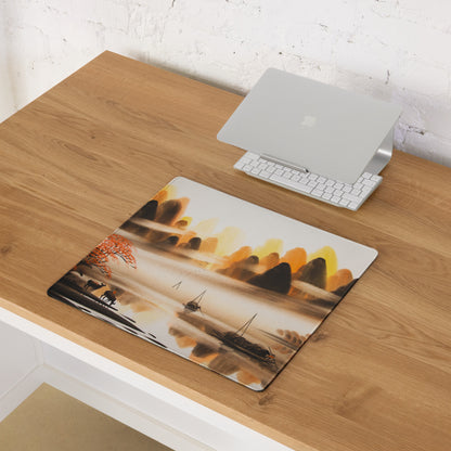 Autumn Harbor Scenic Mouse Pad - Harbor Landscape Orange Brown Desk Decor Watercolor Calm Mood Rustic Modern Desk Pad