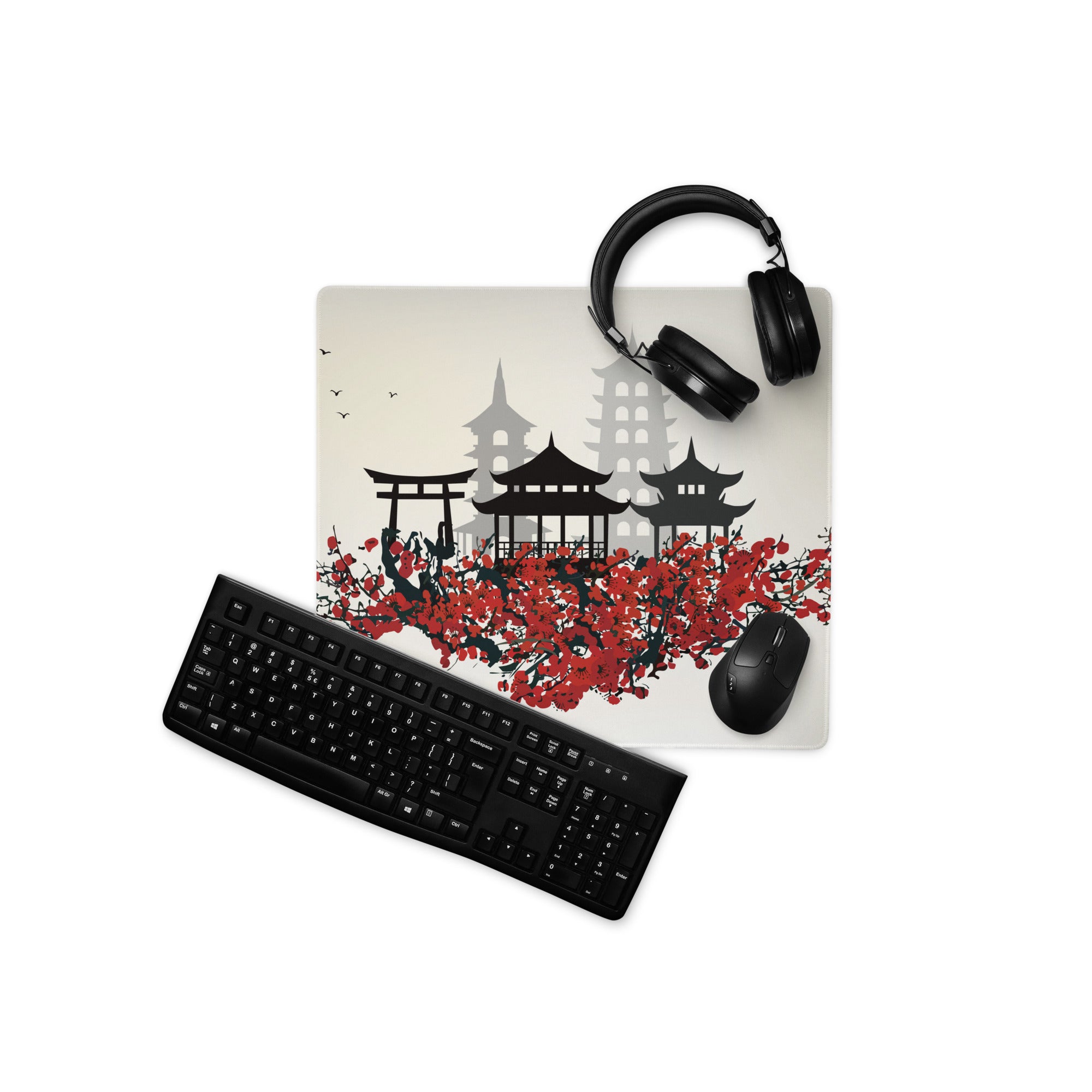 Zen Cityscape Gaming Mouse Pad - Japanese Cityscape Gray Black Red Beige Gaming Desk Ukiyoe Silhouette Serene Mood