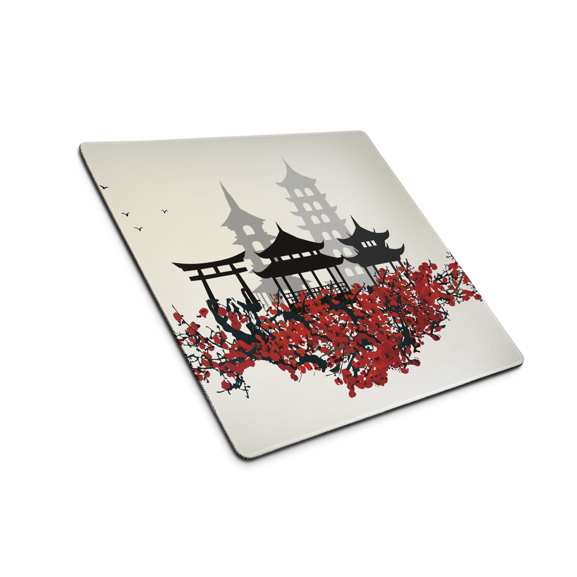Zen Cityscape Gaming Mouse Pad - Japanese Cityscape Gray Black Red Beige Gaming Desk Ukiyoe Silhouette Serene Mood