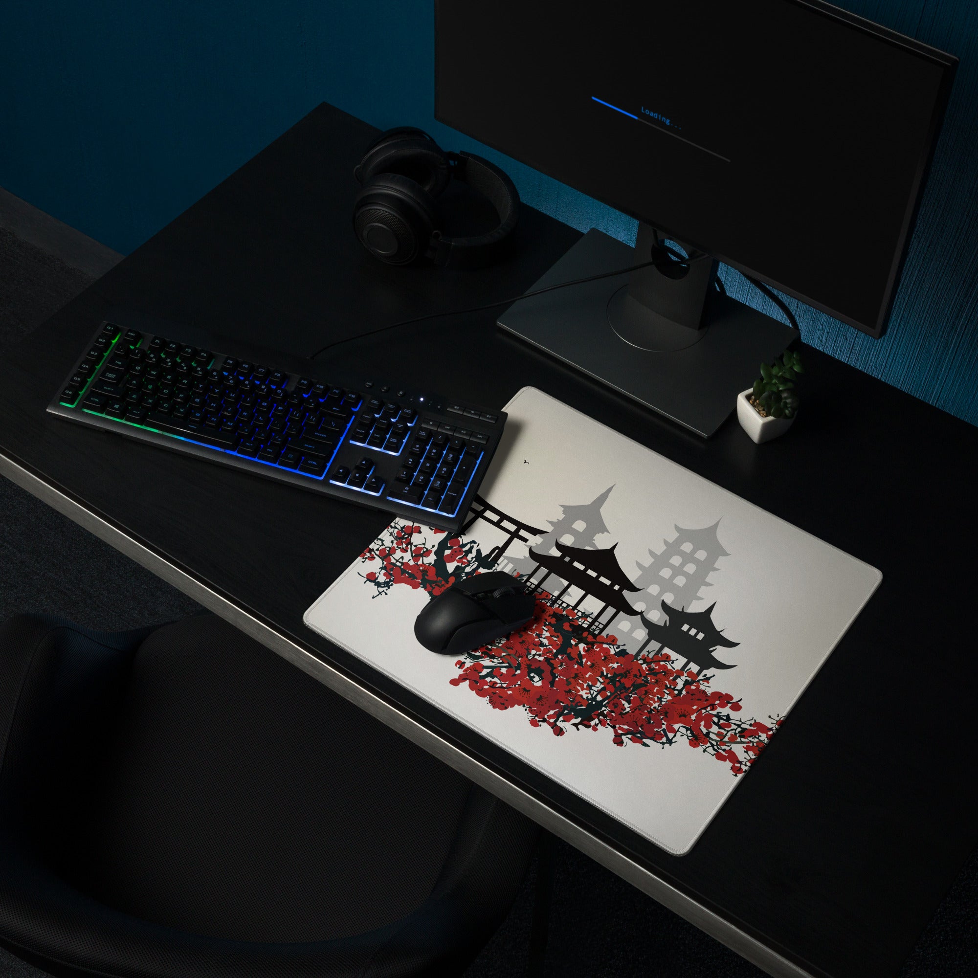 Zen Cityscape Gaming Mouse Pad - Japanese Cityscape Gray Black Red Beige Gaming Desk Ukiyoe Silhouette Serene Mood