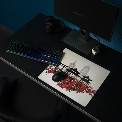 Zen Cityscape Gaming Mouse Pad - Japanese Cityscape Gray Black Red Beige Gaming Desk Ukiyoe Silhouette Serene Mood
