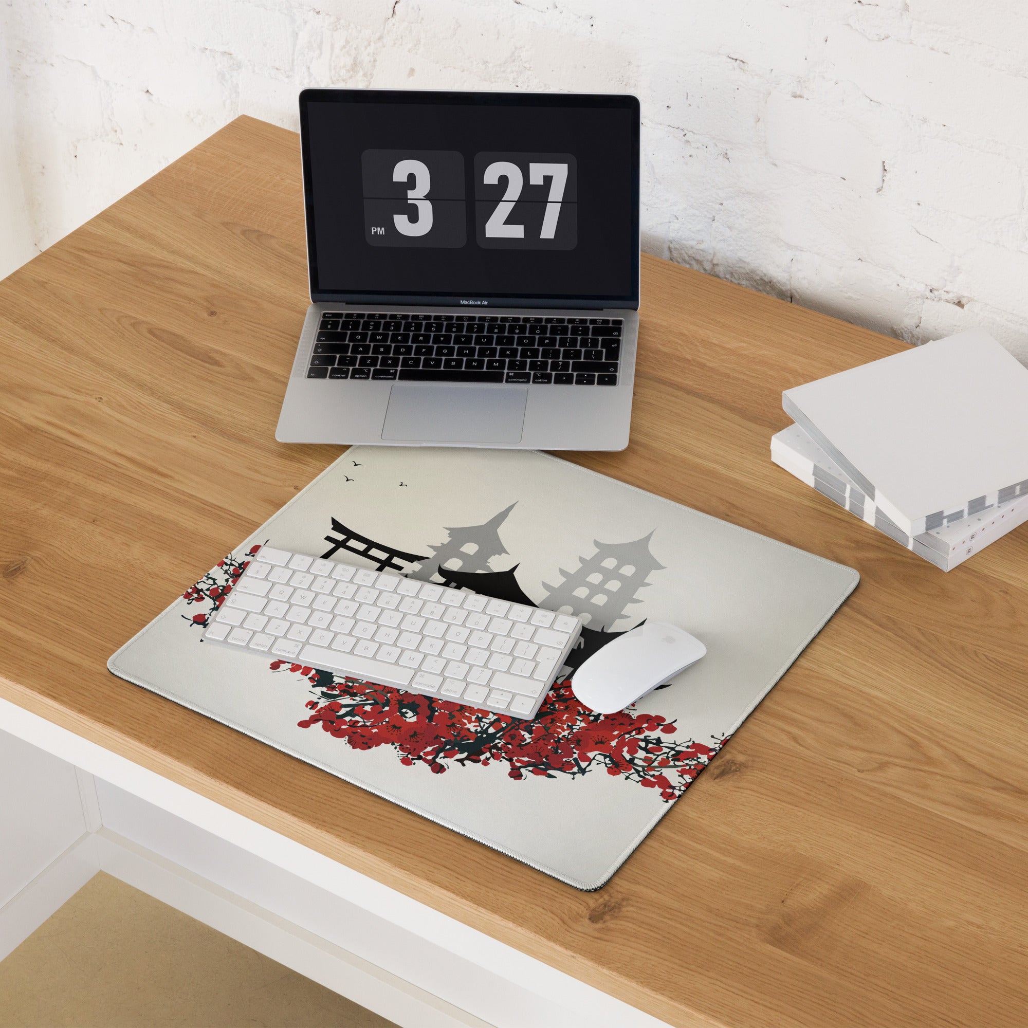 Zen Cityscape Gaming Mouse Pad - Japanese Cityscape Gray Black Red Beige Gaming Desk Ukiyoe Silhouette Serene Mood