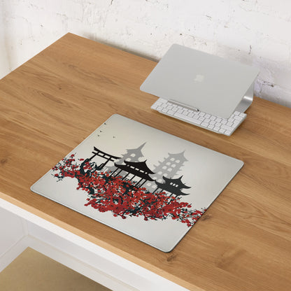 Zen Cityscape Gaming Mouse Pad - Japanese Cityscape Gray Black Red Beige Gaming Desk Ukiyoe Silhouette Serene Mood