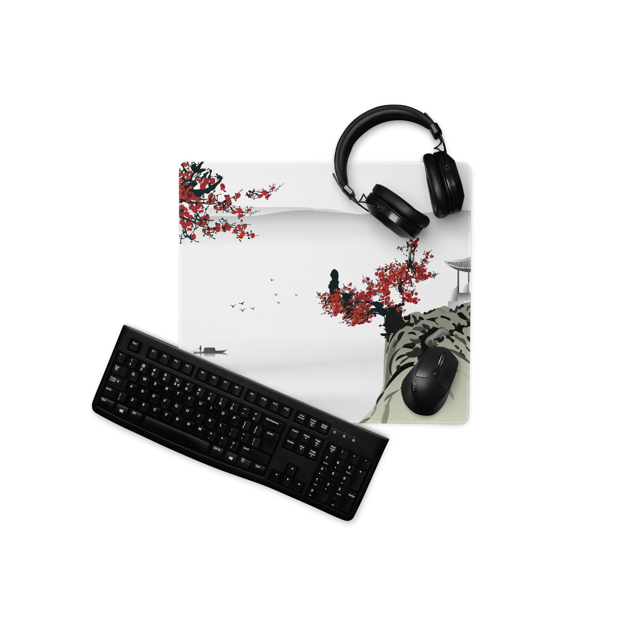 Zen Blossom Gaming Mouse Pad - Gaming Mouse Pad Red White Japanese Ink Calm Minimalist Asian Ink Wash