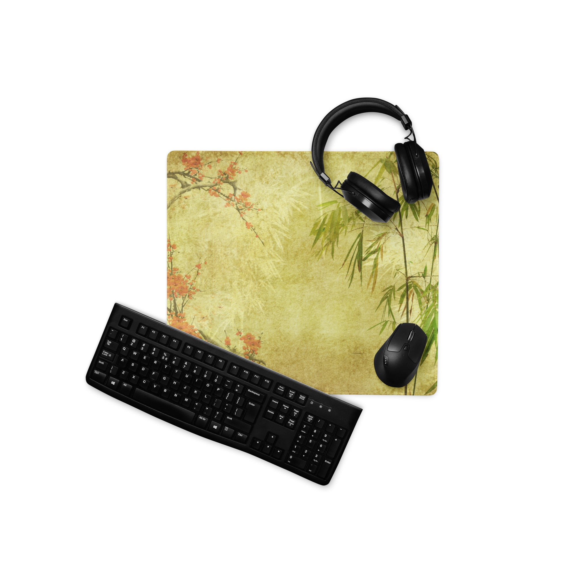Serene Plum Blossom Bamboo Desk Pad - Plum Blossom And Bamboo On Beige Parchment Pad Sumi-E Calm Desk Accessory Ink Wash