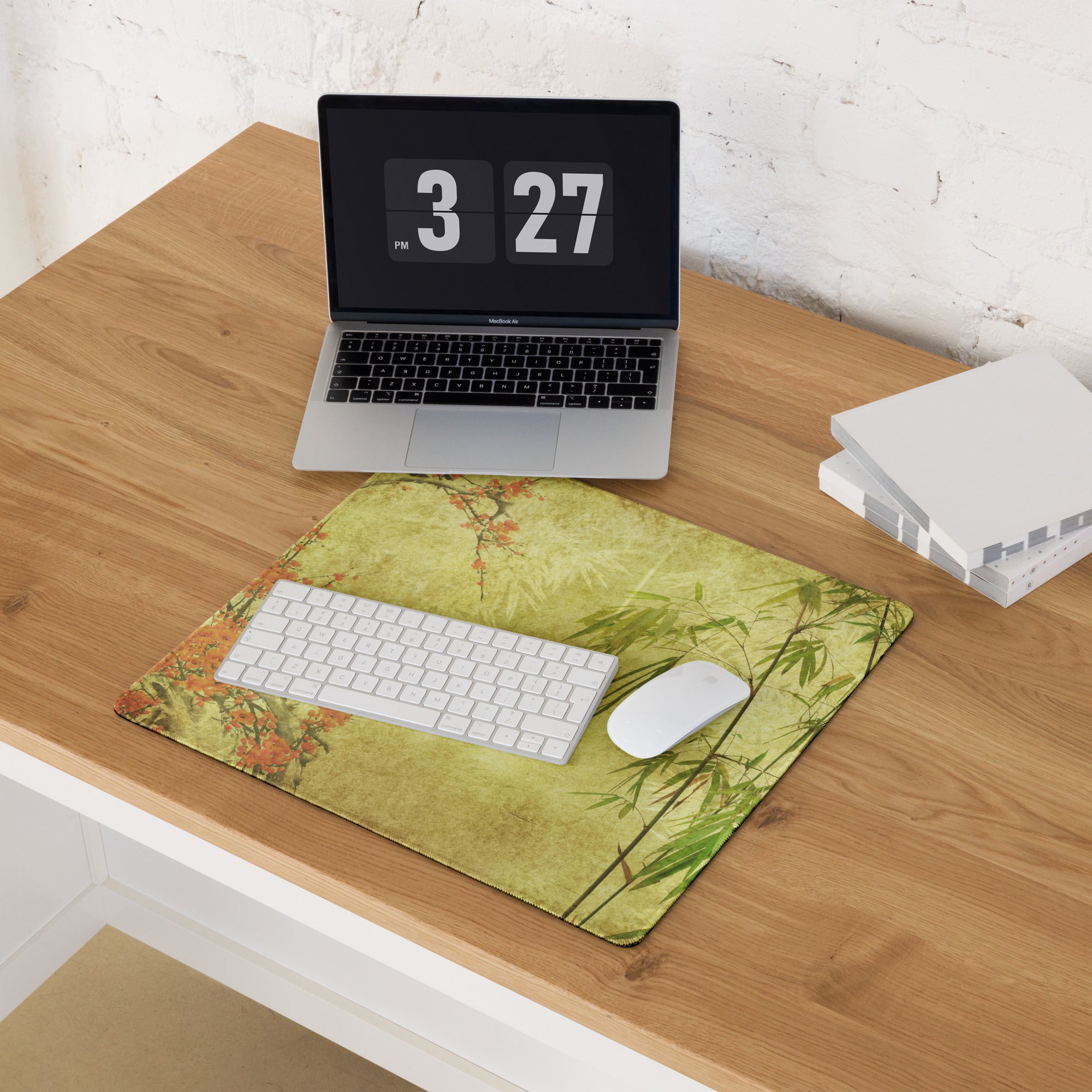 Serene Plum Blossom Bamboo Desk Pad - Plum Blossom And Bamboo On Beige Parchment Pad Sumi-E Calm Desk Accessory Ink Wash