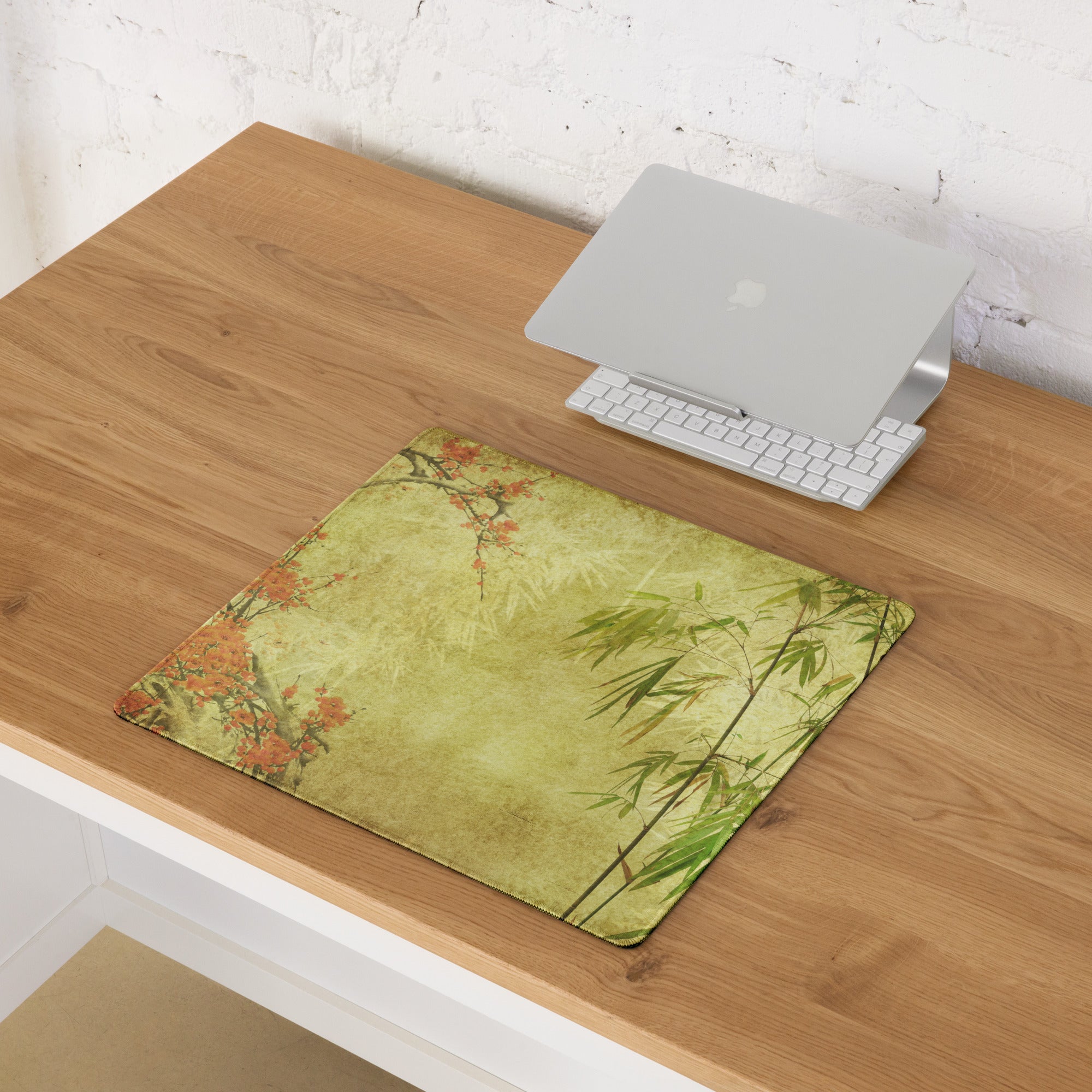 Serene Plum Blossom Bamboo Desk Pad - Plum Blossom And Bamboo On Beige Parchment Pad Sumi-E Calm Desk Accessory Ink Wash