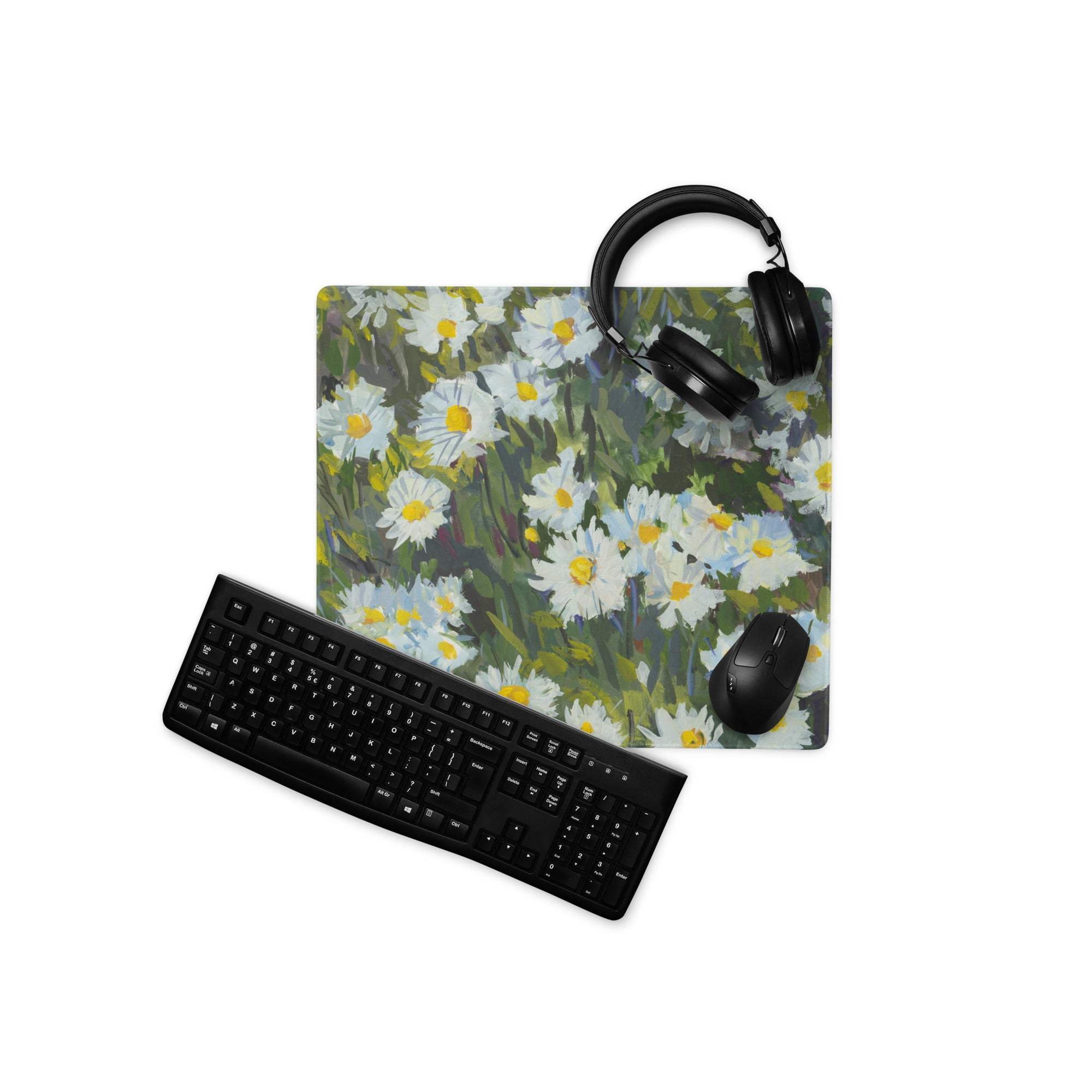 Floral Daisy Field Gaming Mouse Pad - Gaming Mouse Pad White Yellow Blue Green Impressionist Calm Mood Modern Desk Decor