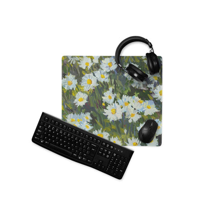 Floral Daisy Field Gaming Mouse Pad - Gaming Mouse Pad White Yellow Blue Green Impressionist Calm Mood Modern Desk Decor
