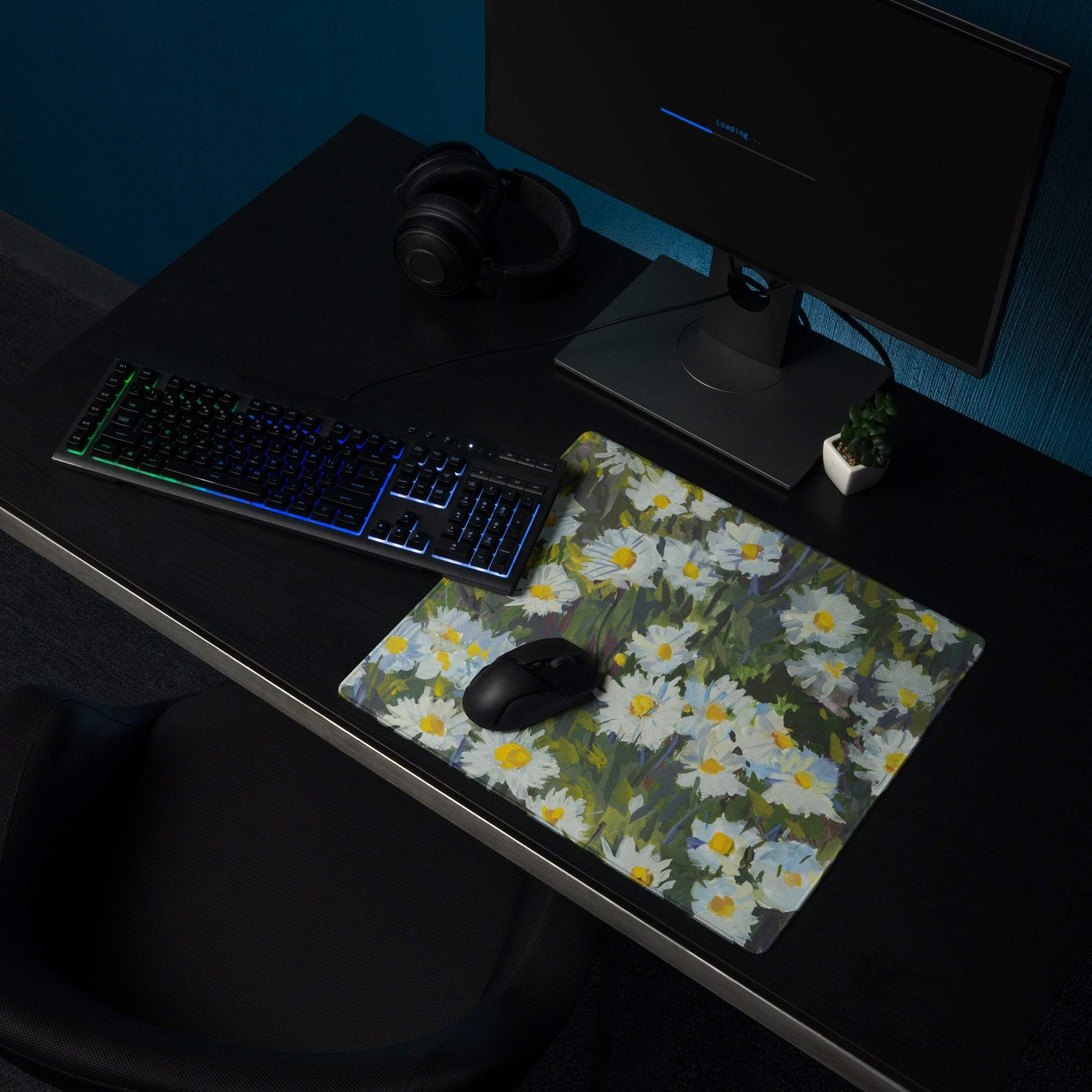 Floral Daisy Field Gaming Mouse Pad - Gaming Mouse Pad White Yellow Blue Green Impressionist Calm Mood Modern Desk Decor