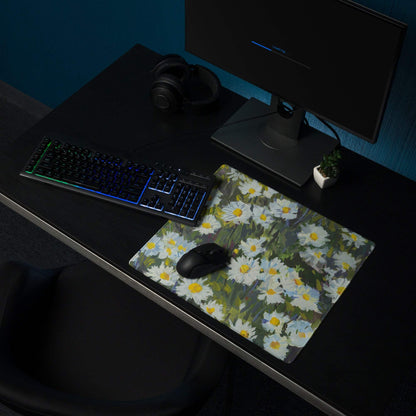 Floral Daisy Field Gaming Mouse Pad - Gaming Mouse Pad White Yellow Blue Green Impressionist Calm Mood Modern Desk Decor