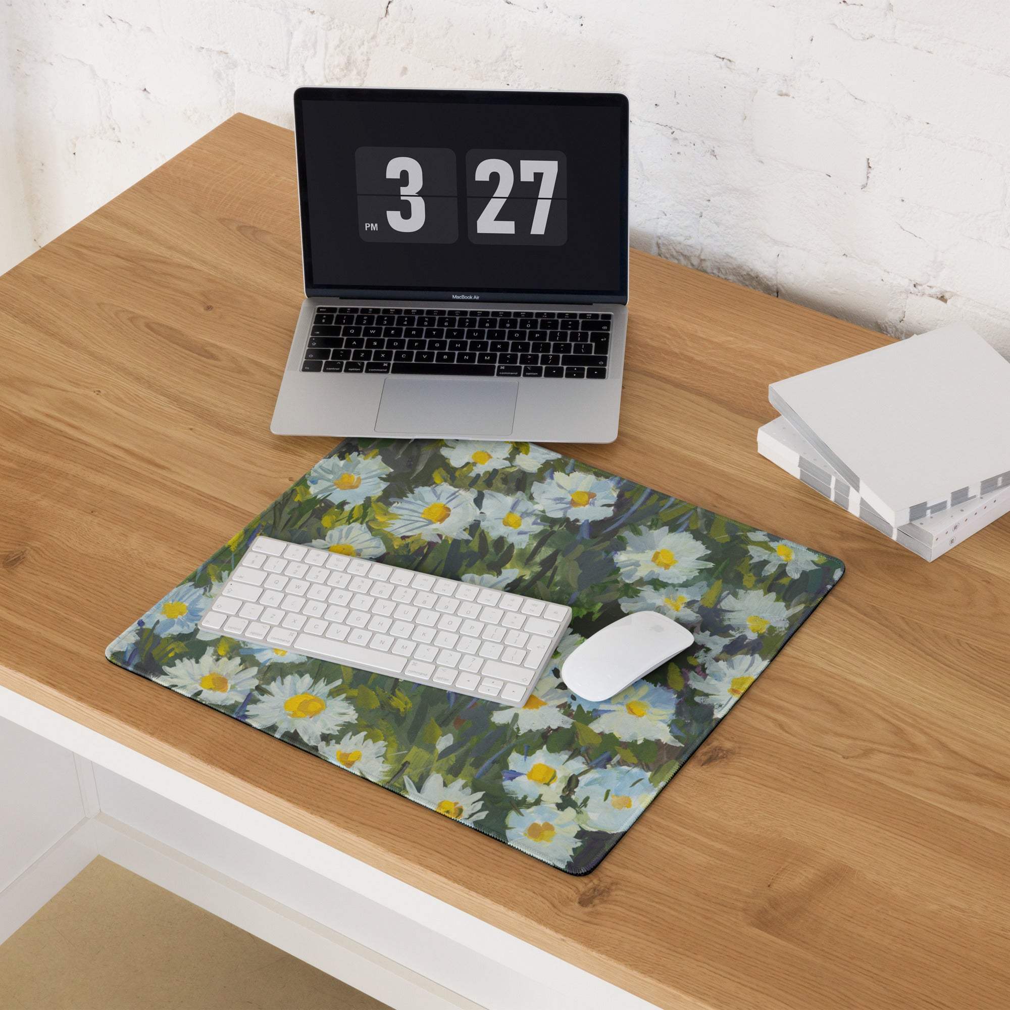Floral Daisy Field Gaming Mouse Pad - Gaming Mouse Pad White Yellow Blue Green Impressionist Calm Mood Modern Desk Decor