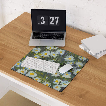 Floral Daisy Field Gaming Mouse Pad - Gaming Mouse Pad White Yellow Blue Green Impressionist Calm Mood Modern Desk Decor