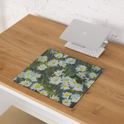 Floral Daisy Field Gaming Mouse Pad - Gaming Mouse Pad White Yellow Blue Green Impressionist Calm Mood Modern Desk Decor