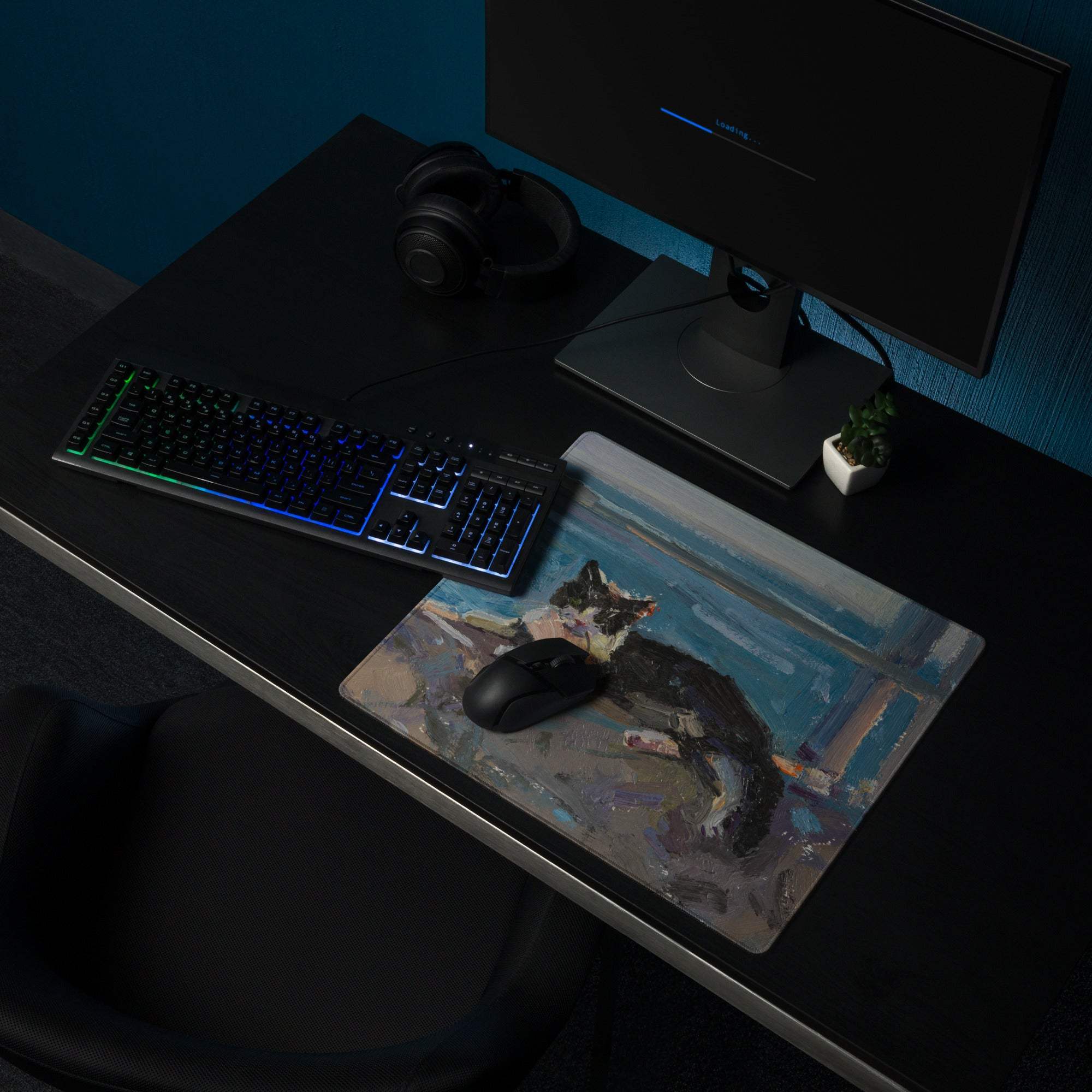 Azure Abstract Desk Mat - Landscape Blue Teal Gaming Desk Modern Moody Minimalist Mouse Pad Oil Painting
