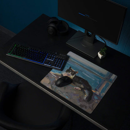 Azure Abstract Desk Mat - Landscape Blue Teal Gaming Desk Modern Moody Minimalist Mouse Pad Oil Painting