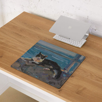 Azure Abstract Desk Mat - Landscape Blue Teal Gaming Desk Modern Moody Minimalist Mouse Pad Oil Painting