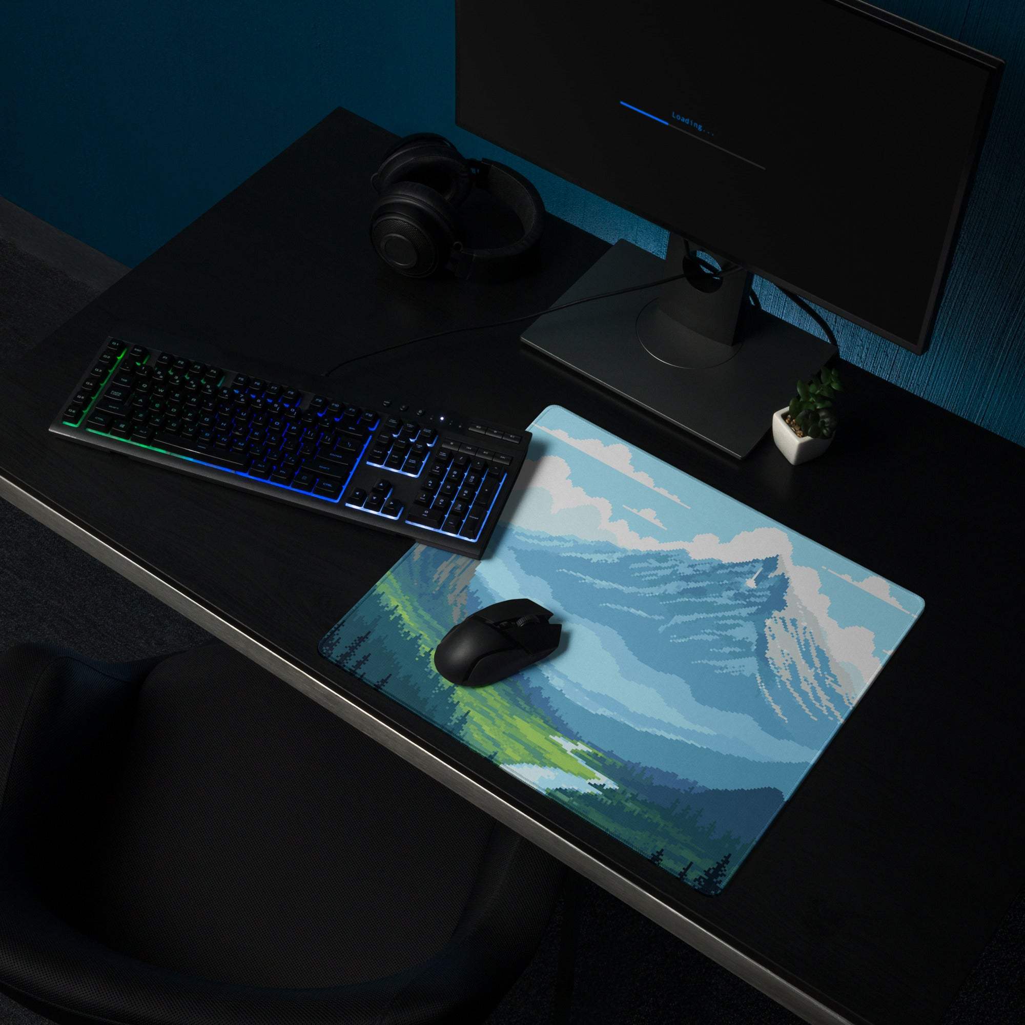 Alpine Pixel Mountain Mouse Pad - Mountain Blue Green Pixel Art Calm Mood Modern Decor Large Non Slip Digital Pixel Art