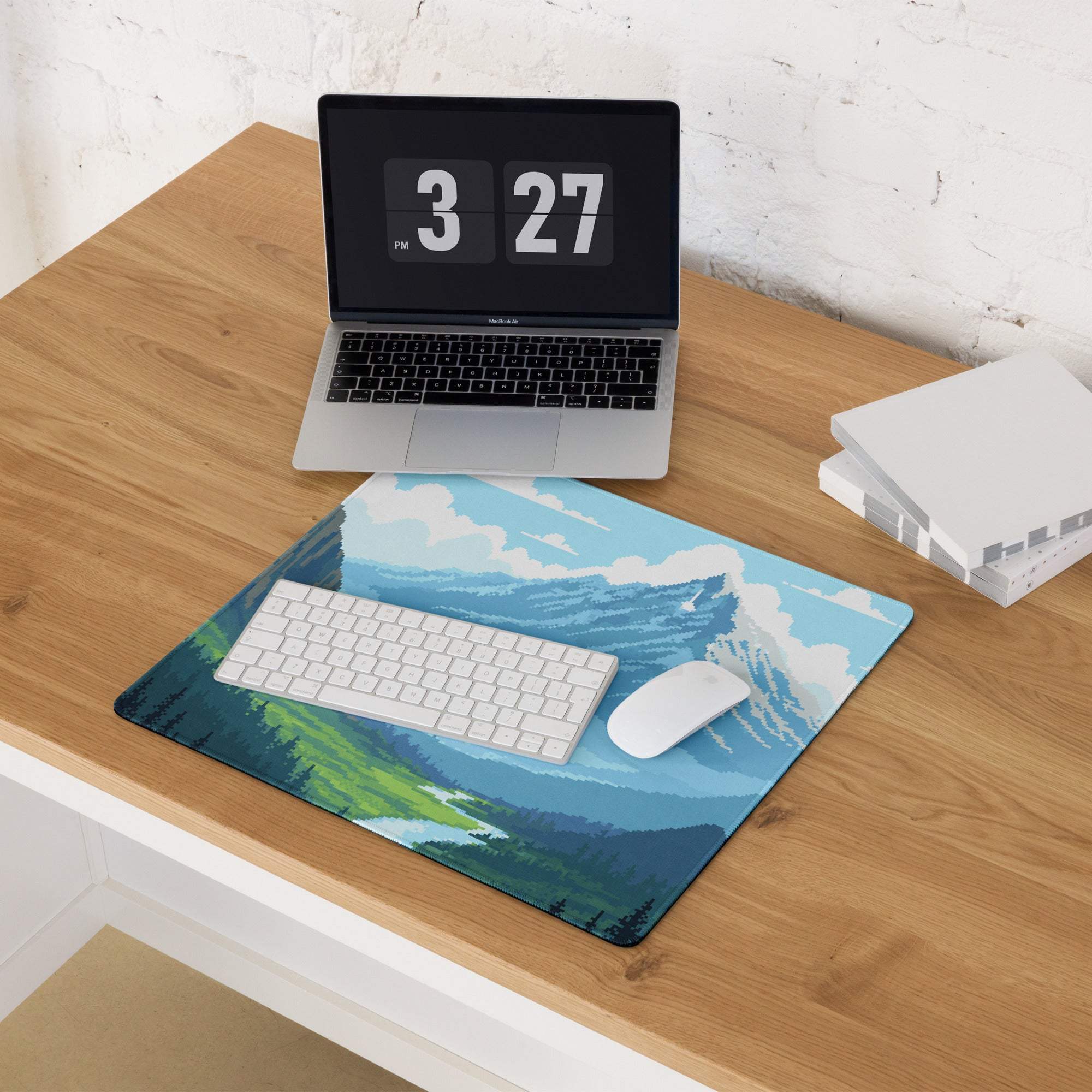 Alpine Pixel Mountain Mouse Pad - Mountain Blue Green Pixel Art Calm Mood Modern Decor Large Non Slip Digital Pixel Art