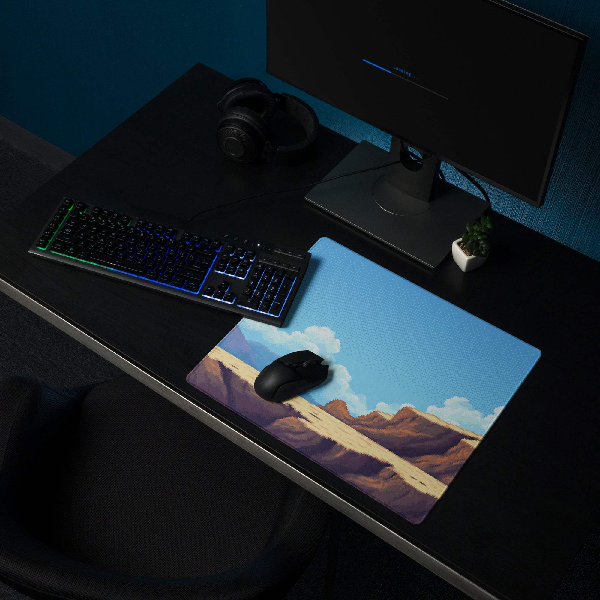 Pixel Desert Sky Gaming Pad - Desert Canyon Blue Sky Gaming Pixel Art Vibrant Mood Retro Decor Desktop Mat Digital Art