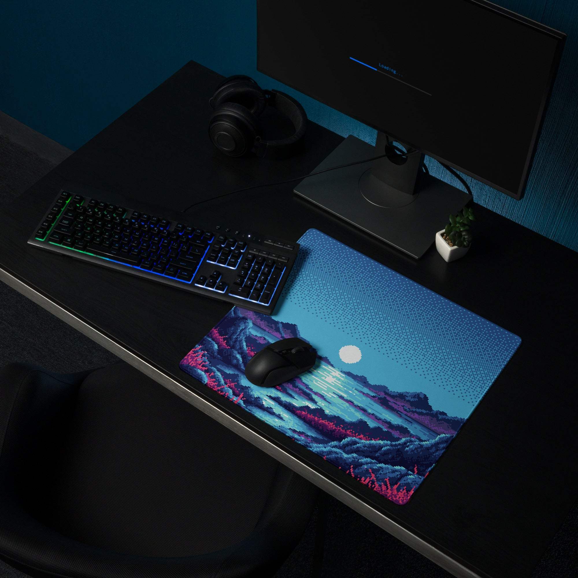 Nocturne Pixel Landscape Mouse Pad - Landscape Blue Moon Desk Pixel Art → Moody Retro Arcade Desk Pad Pixel Art