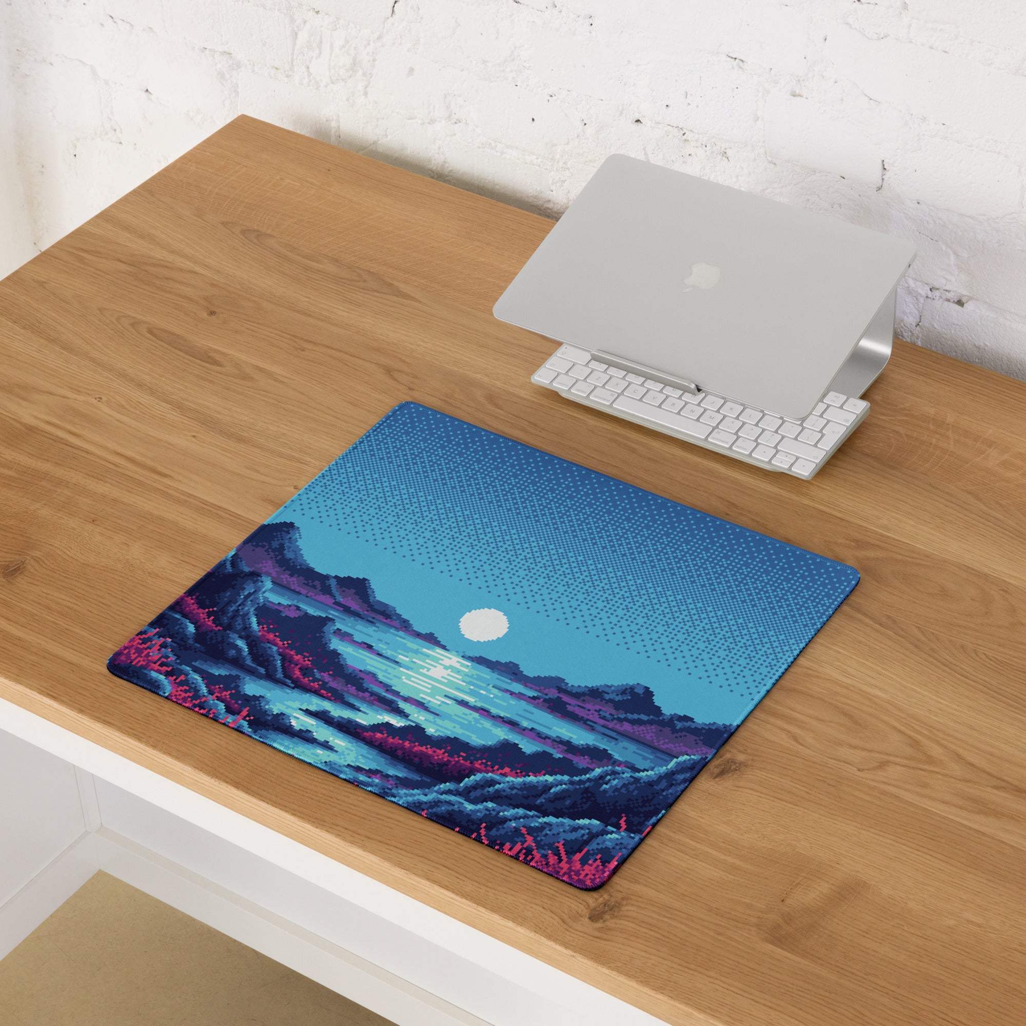 Nocturne Pixel Landscape Mouse Pad - Landscape Blue Moon Desk Pixel Art → Moody Retro Arcade Desk Pad Pixel Art