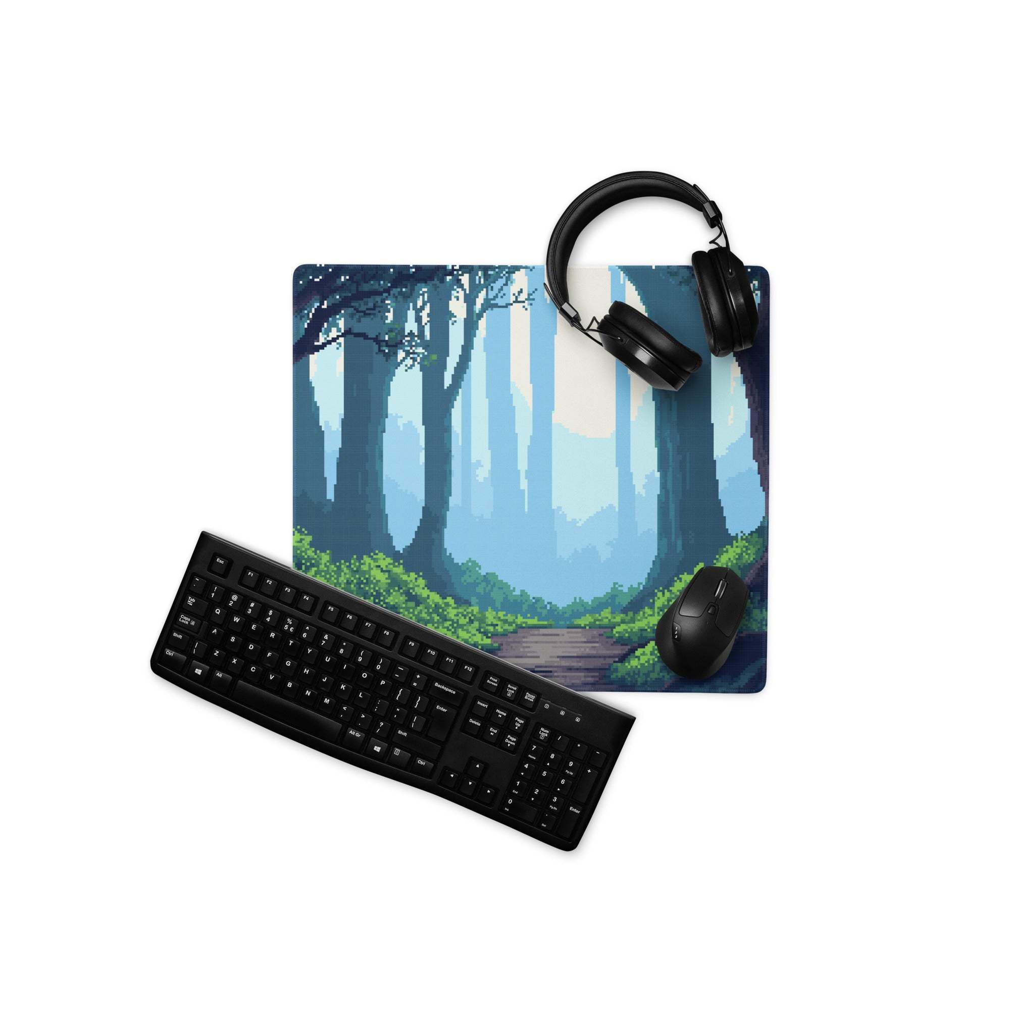 Forest Trail Pixel Art Mouse Pad - Forest Scene Blue Teal Green Desk Mat Calm Modern Gaming Mouse Pad Digital Art