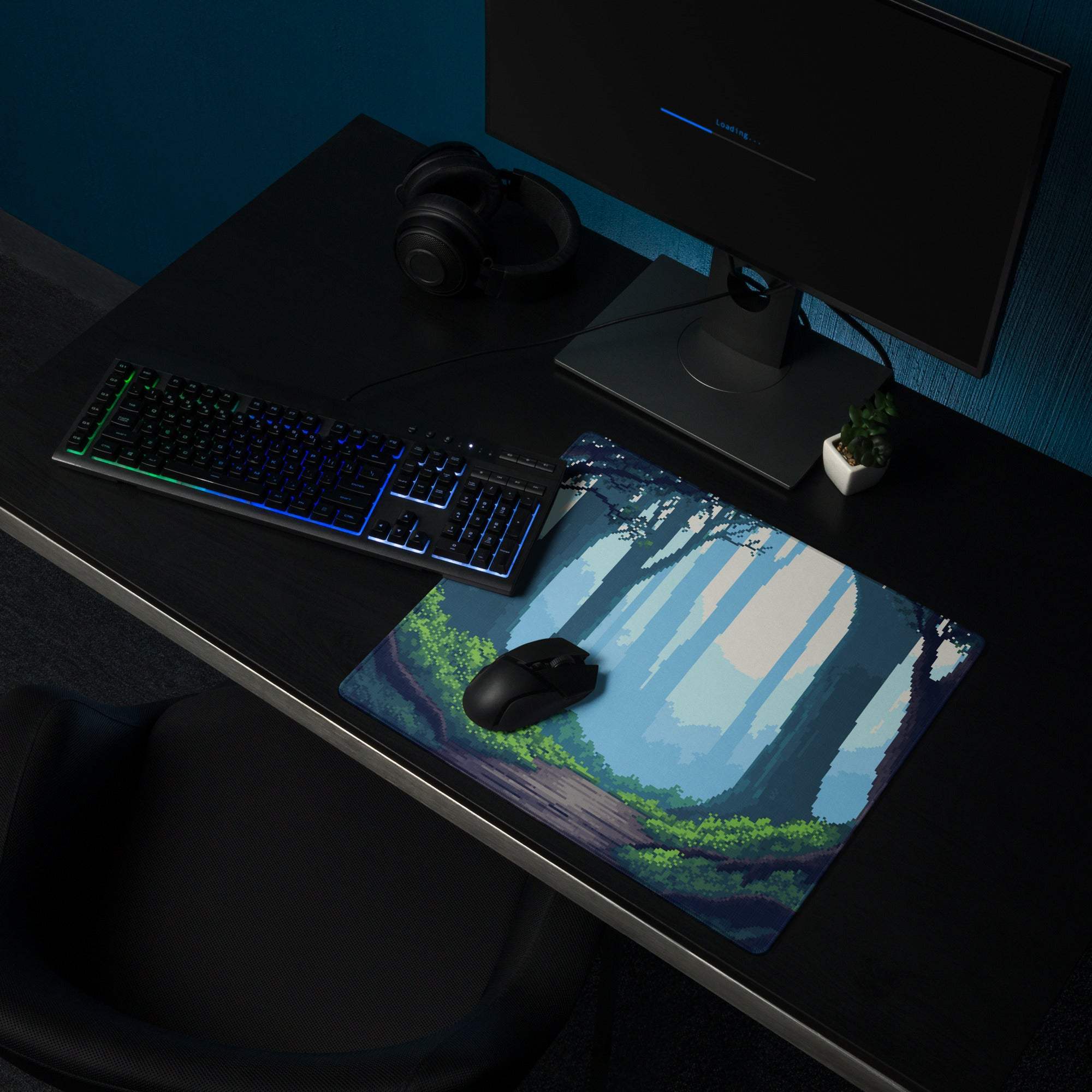 Forest Trail Pixel Art Mouse Pad - Forest Scene Blue Teal Green Desk Mat Calm Modern Gaming Mouse Pad Digital Art