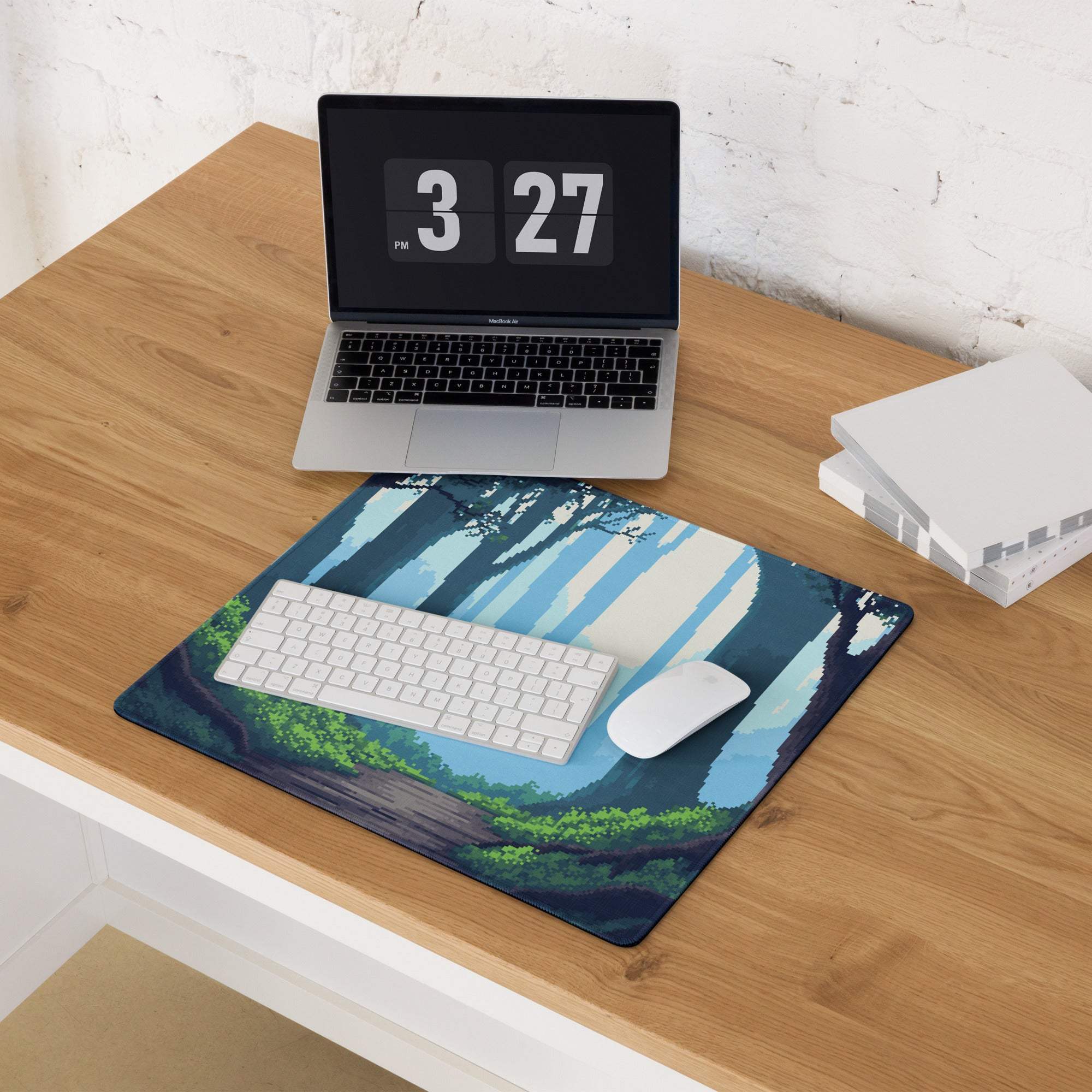 Forest Trail Pixel Art Mouse Pad - Forest Scene Blue Teal Green Desk Mat Calm Modern Gaming Mouse Pad Digital Art