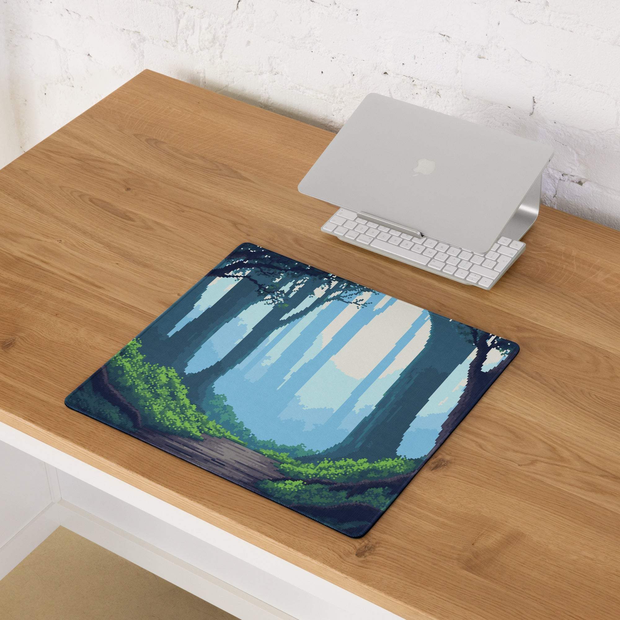 Forest Trail Pixel Art Mouse Pad - Forest Scene Blue Teal Green Desk Mat Calm Modern Gaming Mouse Pad Digital Art