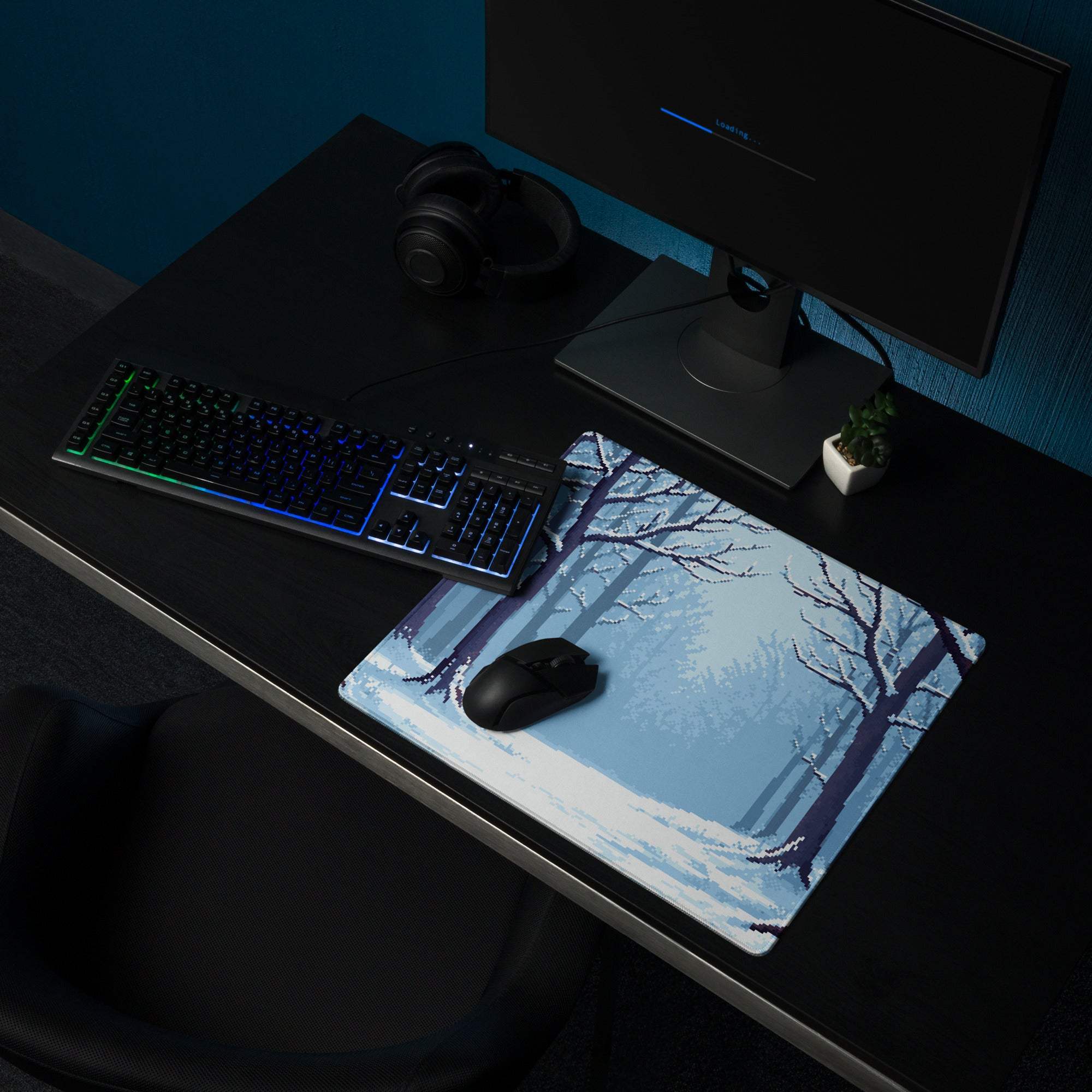 Winter Forest Pixel Art Mouse Pad - Winter Forest Blue Desk Pixel Art Calm Winter Mood Nordic Office Decor Pixel Artwork