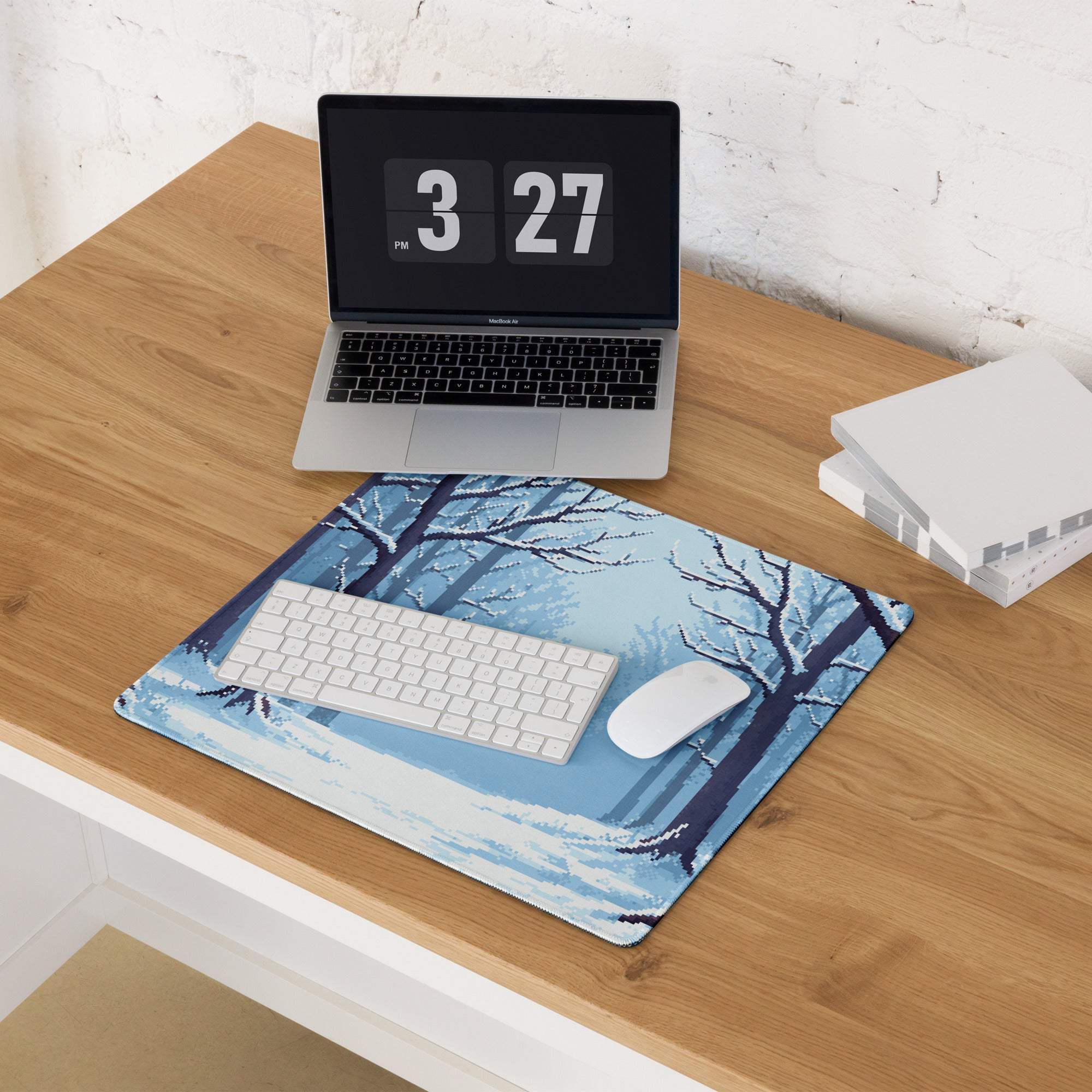 Winter Forest Pixel Art Mouse Pad - Winter Forest Blue Desk Pixel Art Calm Winter Mood Nordic Office Decor Pixel Artwork