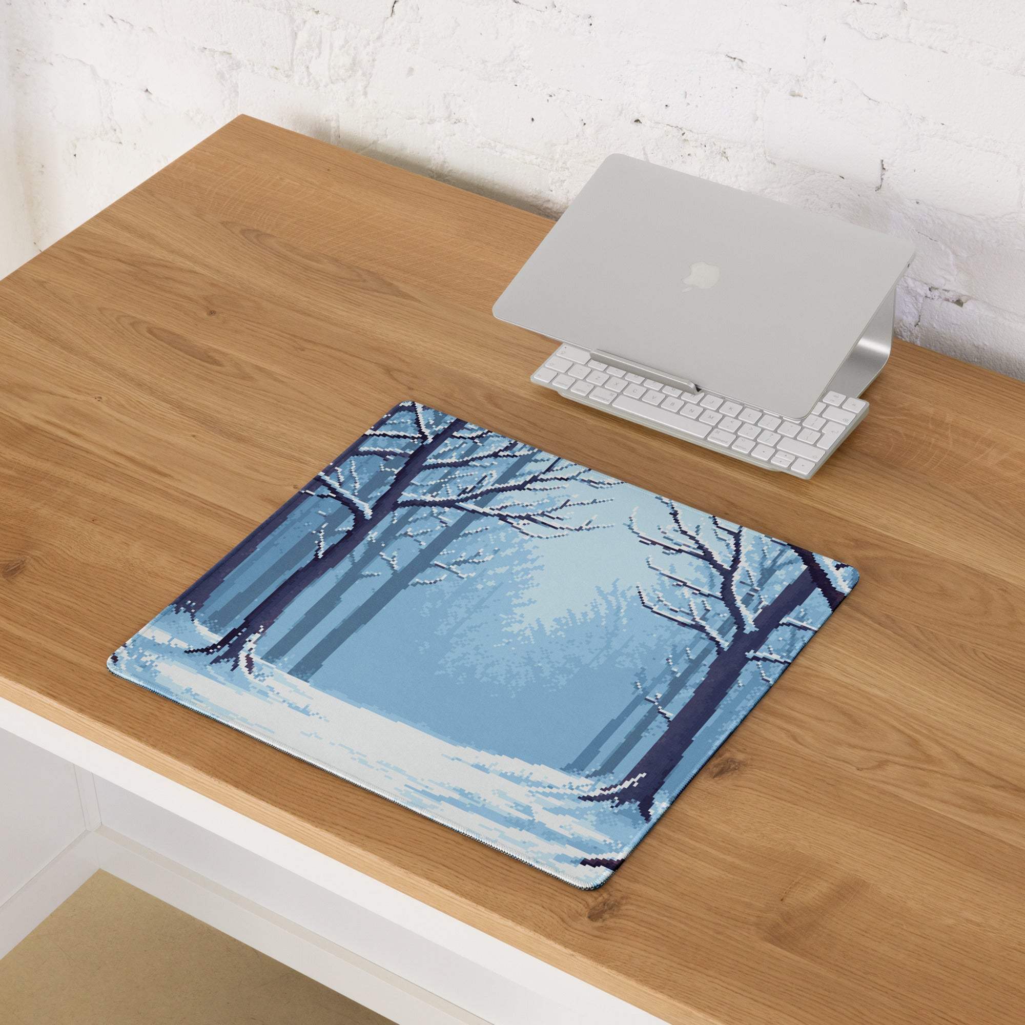 Winter Forest Pixel Art Mouse Pad - Winter Forest Blue Desk Pixel Art Calm Winter Mood Nordic Office Decor Pixel Artwork