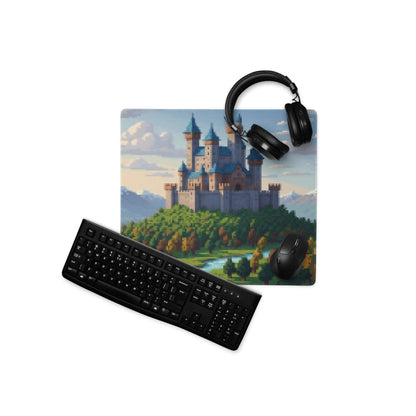 Castle Vista Pixel Mouse Pad - Castle, Blue, Green, Gaming Desk, Pixel Art Fantasy Mood, Castle Mouse Pad