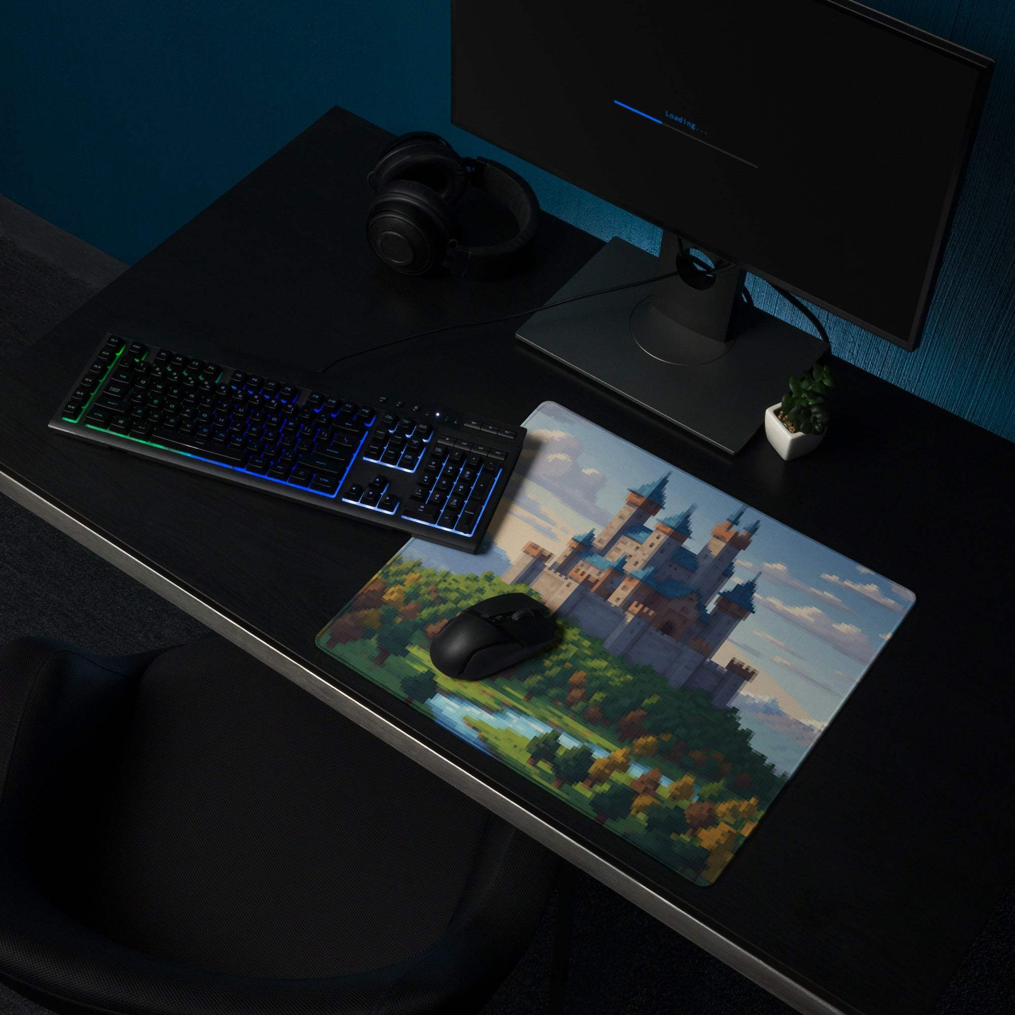 Castle Vista Pixel Mouse Pad - Castle, Blue, Green, Gaming Desk, Pixel Art Fantasy Mood, Castle Mouse Pad