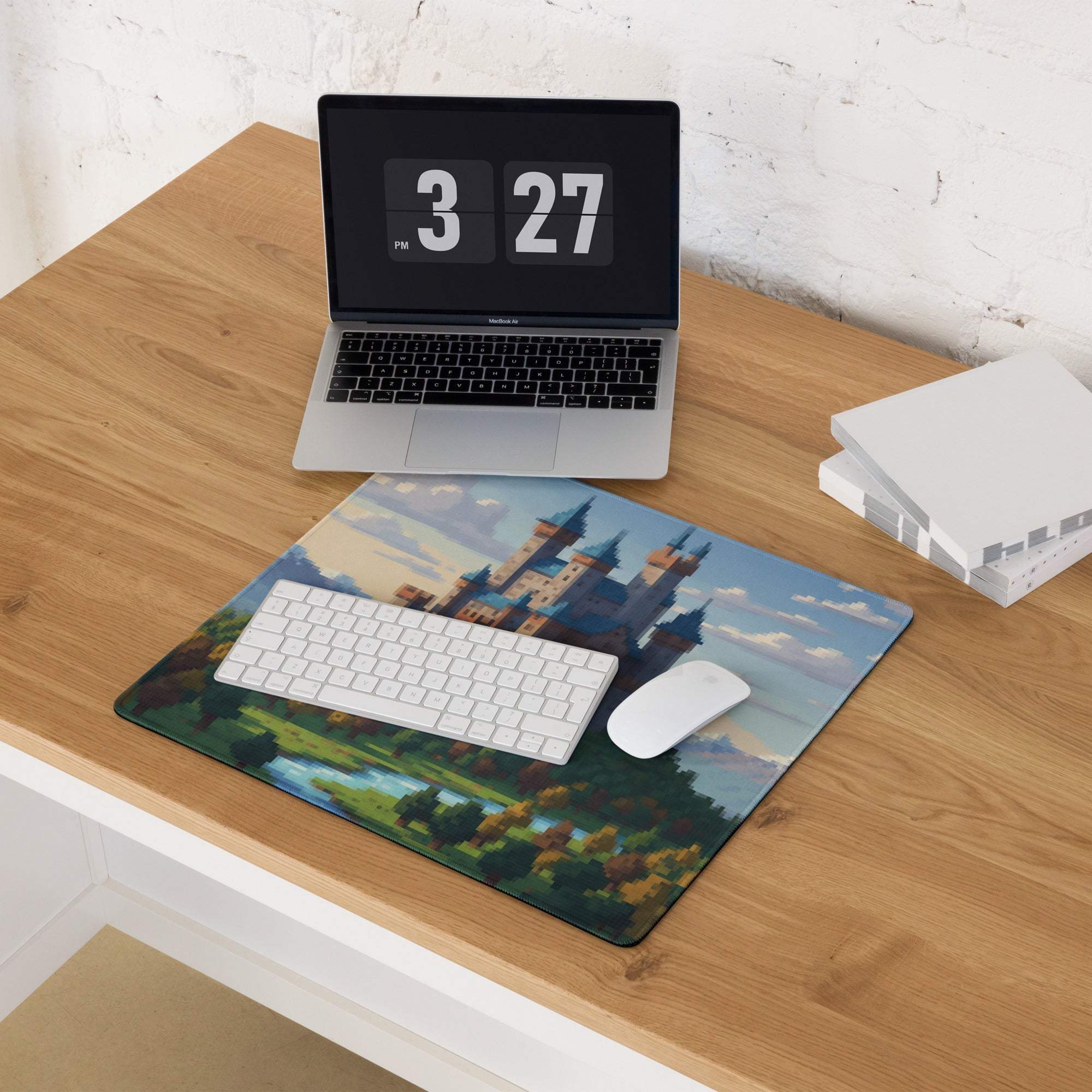 Castle Vista Pixel Mouse Pad - Castle, Blue, Green, Gaming Desk, Pixel Art Fantasy Mood, Castle Mouse Pad