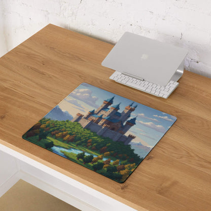 Castle Vista Pixel Mouse Pad - Castle, Blue, Green, Gaming Desk, Pixel Art Fantasy Mood, Castle Mouse Pad
