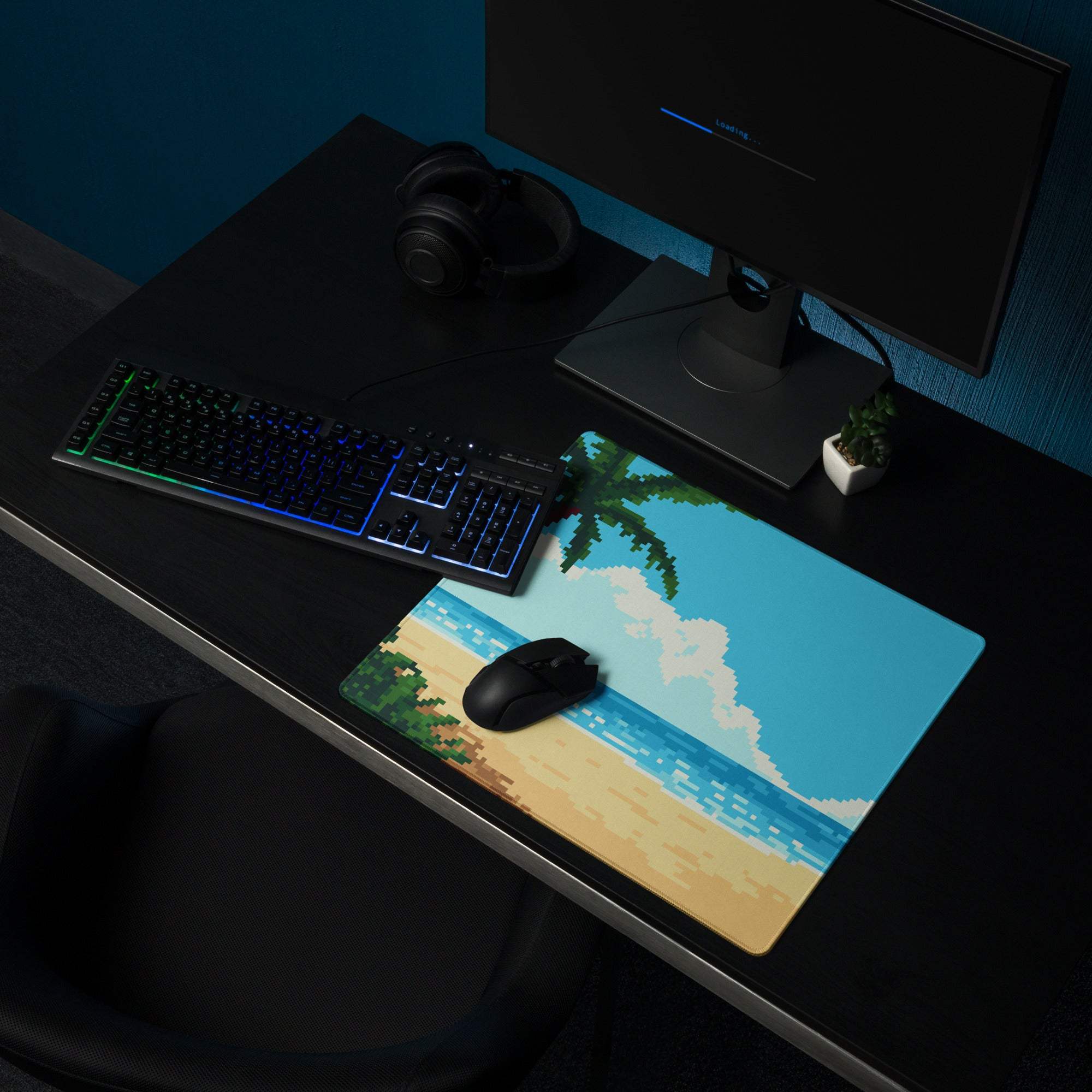 Tropical Pixel Beach Mouse Pad - Gaming Mouse Pad Blue Ocean Teal Sand Desk Pixel Art Vibrant Mood Coastal Decor Digital