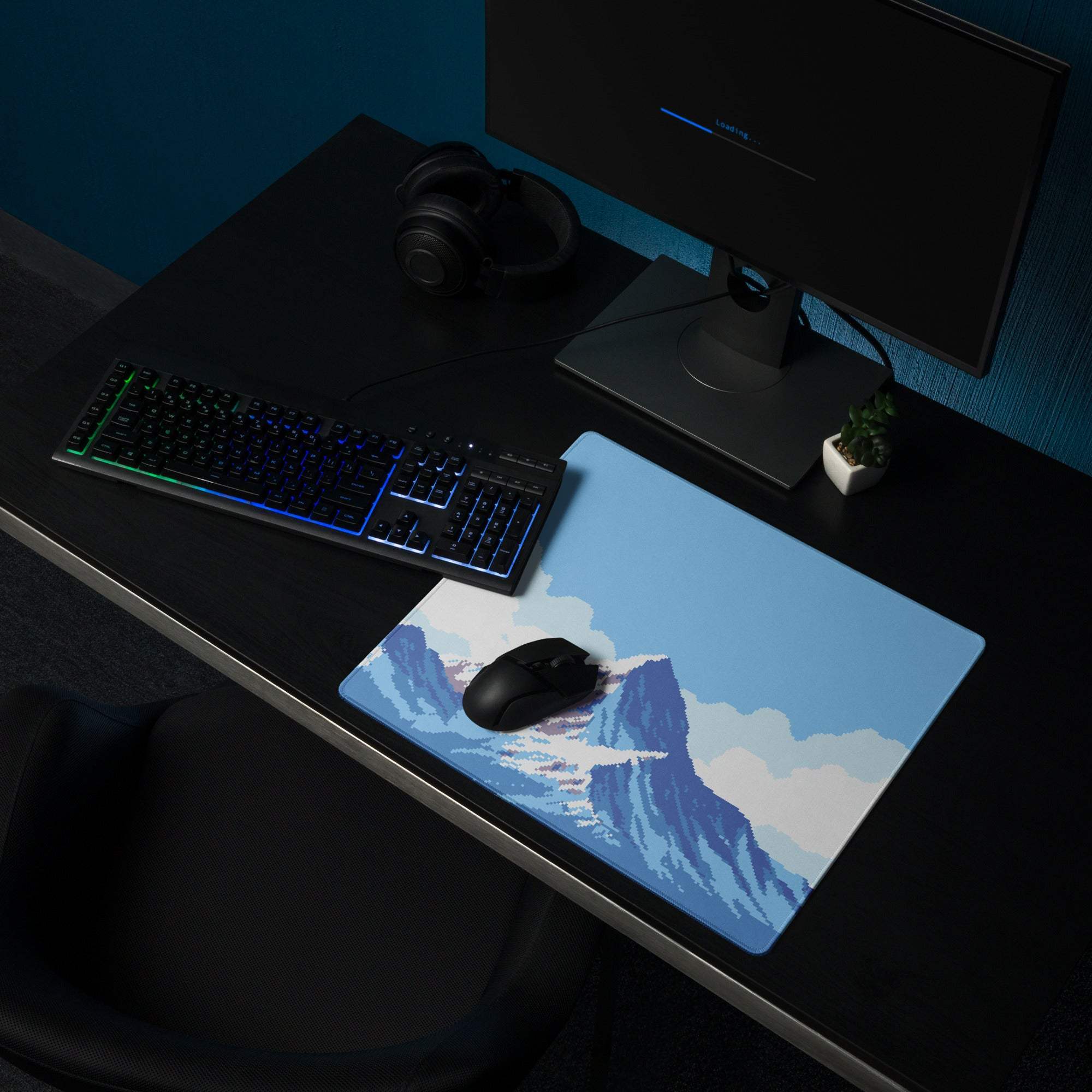 Mountainside Pixel Gaming Mouse Pad - Mountain Blue White Gaming Pixel Art Epic Modern Gaming Desk Mat Pixel Art
