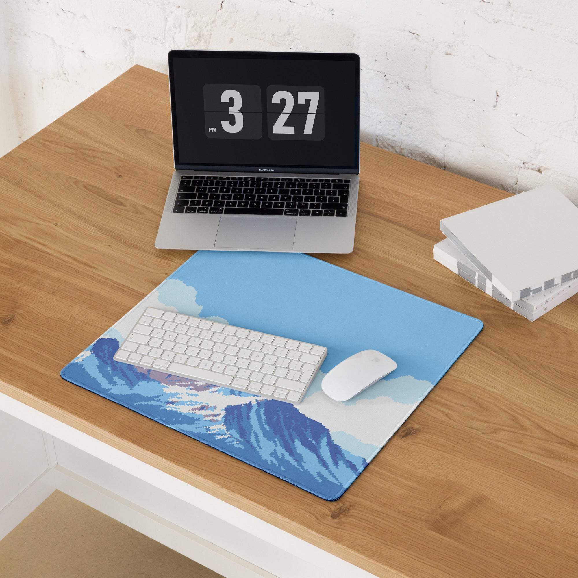 Mountainside Pixel Gaming Mouse Pad - Mountain Blue White Gaming Pixel Art Epic Modern Gaming Desk Mat Pixel Art