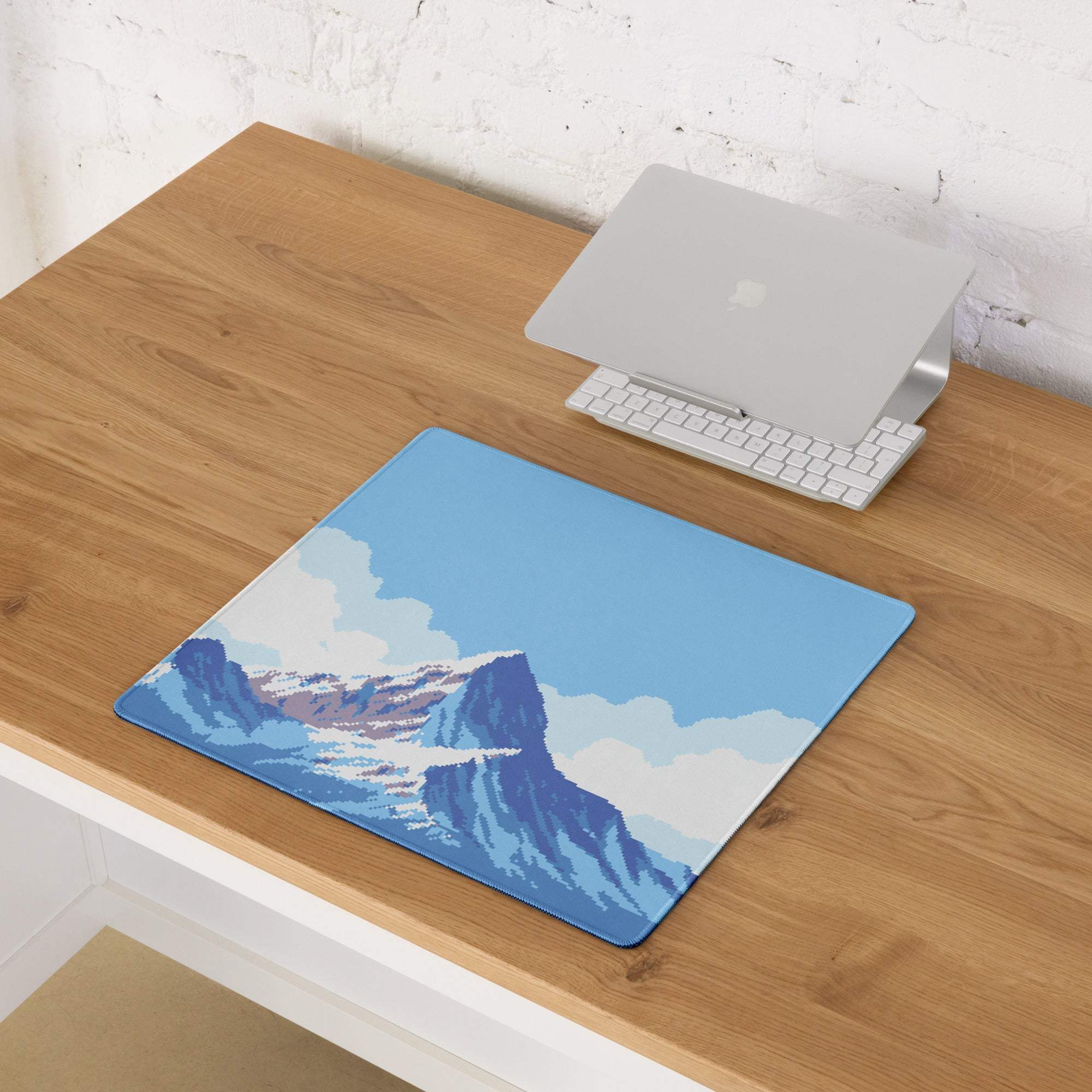 Mountainside Pixel Gaming Mouse Pad - Mountain Blue White Gaming Pixel Art Epic Modern Gaming Desk Mat Pixel Art